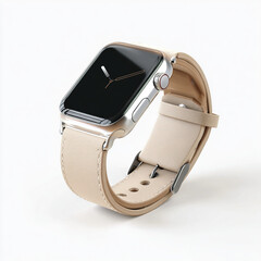 Silver smartwatch with beige leather band angled view