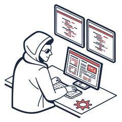 Isometric Illustration of a Coder Working at a Desk with Multiple Monitors