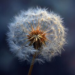 Fototapeta premium Dew-Kissed Dandelion Seed Head in Soft Natural Light: Macro Photography of a Mature Dandelion with Seeds, Outdoor Nature Close-up