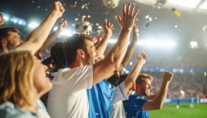 Energetic Stadium Crowd Cheers as Team Scores Confetti Rains Down in Championship Moment