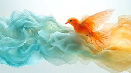 Fototapeta premium Orange bird in flight amidst flowing teal and gold fabric.