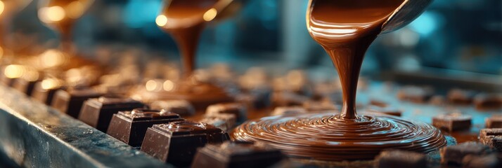 Chocolate production process showcasing liquid chocolate flowing into molds in a confectionery workshop