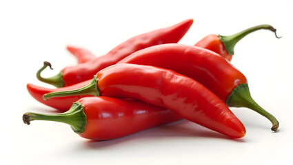 A high-resolution image of fresh red chili peppers with vivid color and smooth texture, isolated on a clean white background under bright studio lighting.
