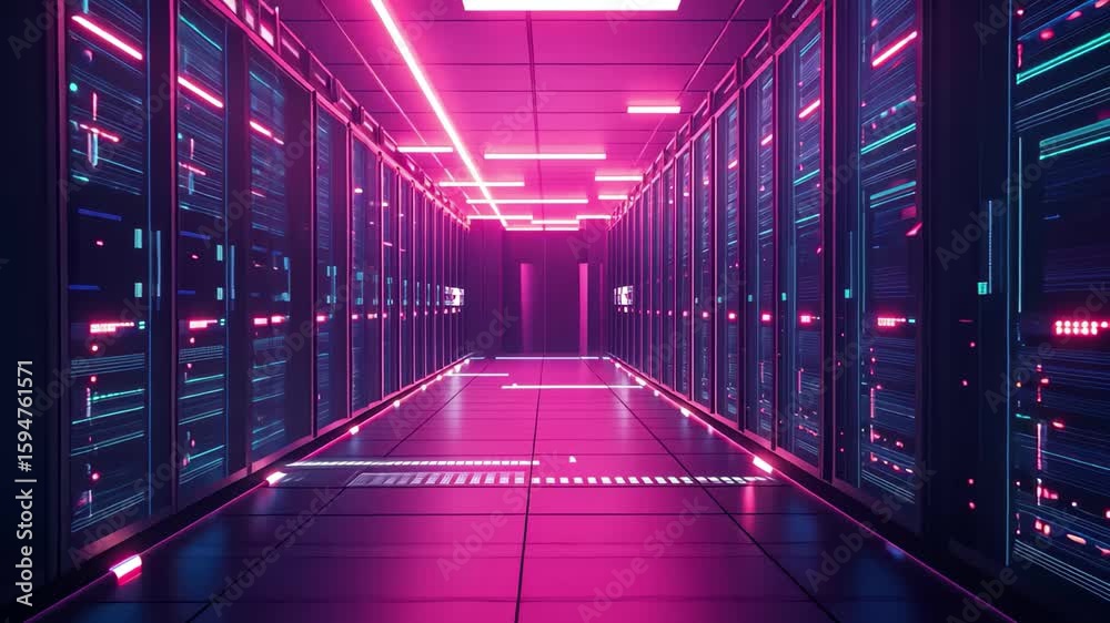 Poster exploring a futuristic data center with vibrant neon lighting and low poly mesh design elements, low