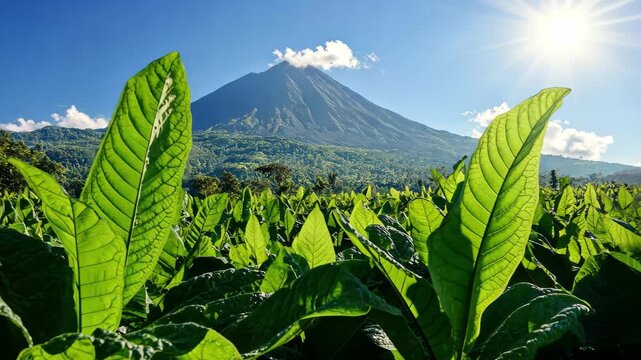 Tobacco farm with vibrant green leaves and Mount Sindoro under clear blue sky, Large green tobacco leaves with Mount Sindoro in the background against a bright blue sky Indonesia