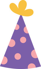 Purple party hat with pink polka dots and yellow pom pom