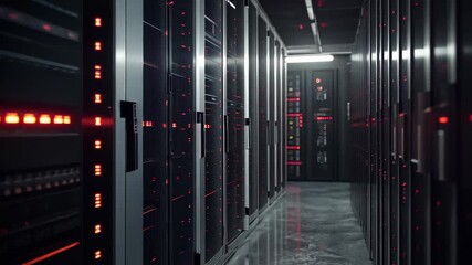 Modern server racks illuminate dark data center with vibrant LED lights, Modern server racks in dark data center room, enhanced by dramatic VFX - Powered by Adobe