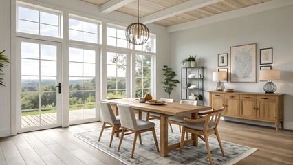 Fototapeta premium Bright minimalist dining room interior with wooden ,interior, room, table, home, furniture, house, design, chair, kitchen, window, architecture, living room, 