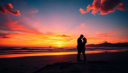 Fototapeta premium Sunset silhouettes of two figures embracing on a beach, couple, shore
