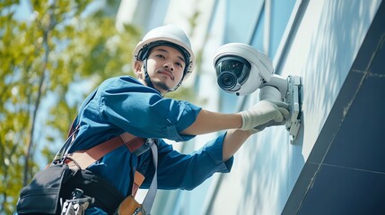 A skilled security system technician installs a CCTV camera on the exterior of a building, showcasing advanced surveillance technology.