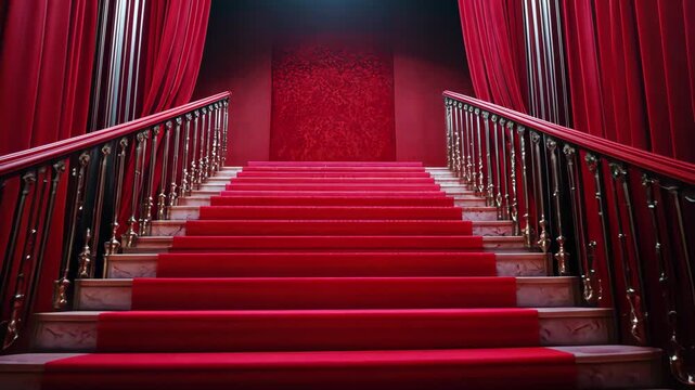 Luxury red carpet staircase leading to a grand stage with elegant curtains and spotlight, red carpet stage on stair luxury video template background ing