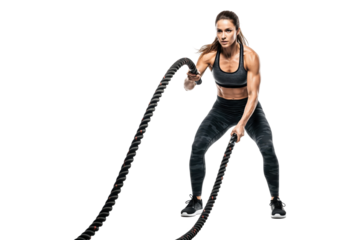 Focused Female Athlete Performing Battle Ropes Exercise During High-Intensity Workout
