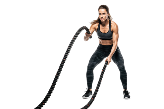 Focused Female Athlete Performing Battle Ropes Exercise During High-Intensity Workout