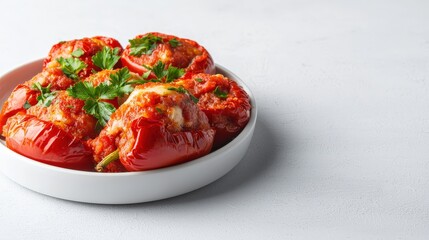 Stuffed red bell peppers filled with savory meat and rice, simmered in tomato sauce and garnished with fresh parsley, arranged on a white ceramic plate.