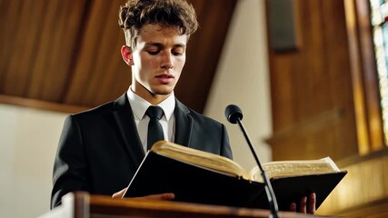 Young Christian pastor delivers heartfelt sermon in a beautiful church setting during Sunday worship service, Young Christian pastor in church preaching from pulpit with bible