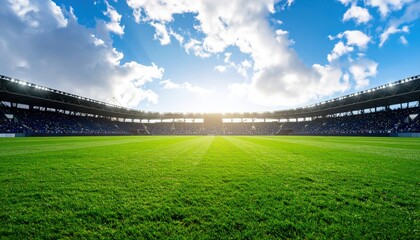 Fototapeta premium Bright Green Football Field in an Empty Stadium Under Blue Sky Ideal for Sports Ads and Promotions