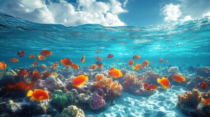Vibrant coral reef teeming with colorful fish under a sunny sky.
