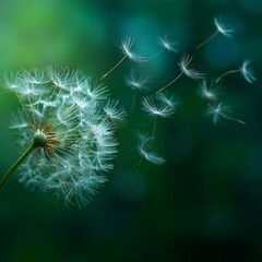 Fototapeta premium Dandelion Seeds Dispersing on the Wind: Nature's Ephemeral Beauty in a Lush Green Outdoor Setting