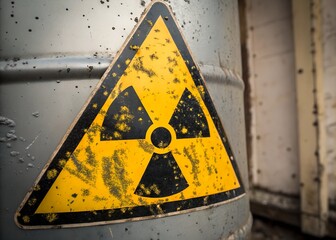 Fototapeta premium Radioactive sign embedded inside a triangle, industrial grunge style with paint splatter, yellow-and-black theme