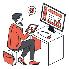 Person Working at Desk with Computer and Tablet Analyzing Data