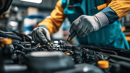 An auto technician meticulously inspects a car engine in a modern garage, surrounded by essential tools for mechanical repairs.