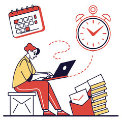 Person Working on Laptop with Calendar and Clock