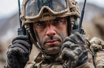 Obraz premium Focused soldier in tactical gear