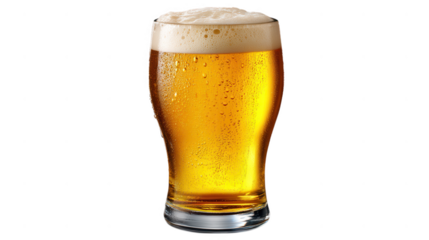 A glass of cold beer with a foamy head is isolated on transparent background, representing a refreshing alcoholic beverage