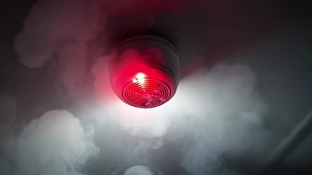Smoke detector activates in dark room, sensing danger from smoke and ensuring safety during emergency, Smoke detector sensing and alerting smoke in dark room