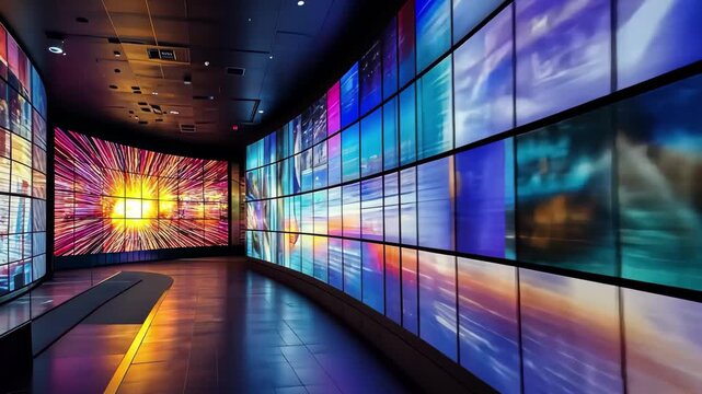Immersive multimedia video wall featuring vibrant visuals in a modern exhibition space, Immersive multimedia video wall with various screens, projecting high definition content