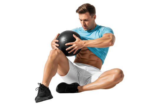 Focused Man Exercising with Medicine Ball for Core Workout, Revealing Abs