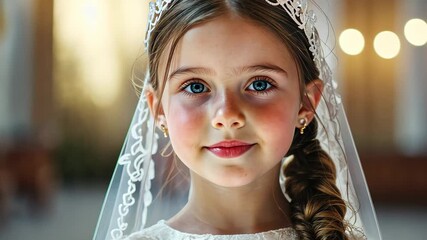 Beautiful girl in first communion dress smiles during ceremony in a serene church setting, Portrait of pretty girl with first communion dress on church background
