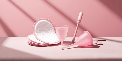 Pink menstrual hygiene products flat lay featuring pads cups and applicator on a pink surface