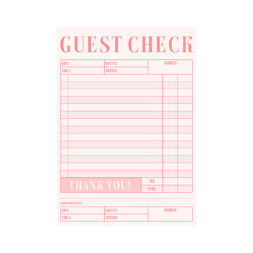 A blank pink guest check isolated on transparent background is ready for use in a restaurant or cafe