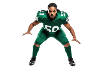 Powerful African American Female Football Player in Green Uniform in Ready Stance
