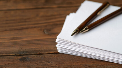 Blank sheets of paper stacked on wooden table with two elegant pens resting on top, perfect for writing or note taking