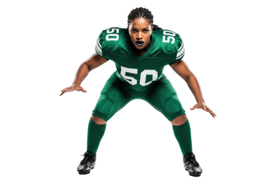 Powerful African American Female Football Player in Green Uniform in Ready Stance