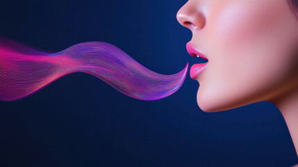 Voice speech clarity is depicted through vibrant sound waves emanating from woman lips, showcasing communication beauty