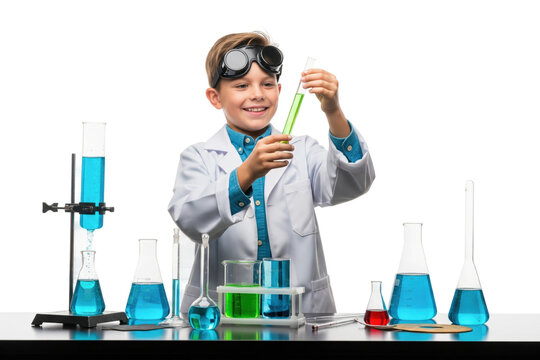 Happy Boy in Lab Coat and Goggles Doing Chemistry Experiment with Green Liquid in Test Tube - Powered by Adobe