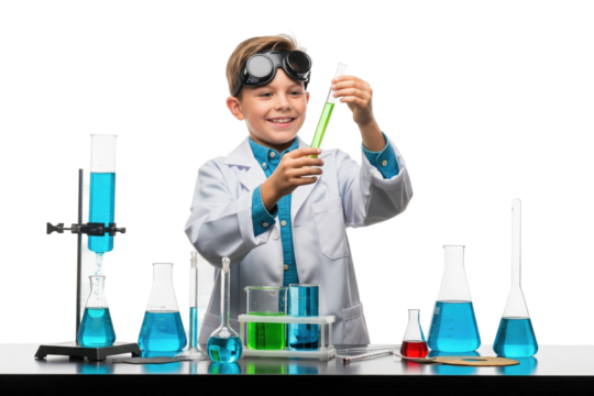 Happy Boy in Lab Coat and Goggles Doing Chemistry Experiment with Green Liquid in Test Tube - Powered by Adobe