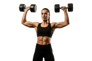 Focused Female Athlete Performing Overhead Dumbbell Press in Gym