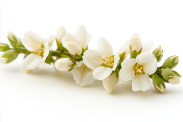 Delicate white flowers with green buds arranged elegantly on white background, evoking sense of tranquility and beauty