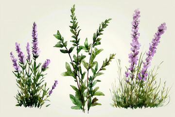 Watercolor botanical illustration of lavender plants with green leaves and soft purple flowers, showcasing natural beauty
