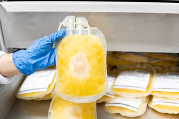 Close up scientist hand wear blue gloves holding fresh frozen plasma bag in storage refrigerator at blood bank unit laboratory.Blood bag received from blood donation used in patients.Save life concept