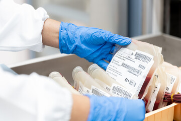 Close up scientist hand wear blue gloves holding red blood bag in storage refrigerator at blood bank unit laboratory.Blood bags received from blood donations used in patients.Save life medical concept