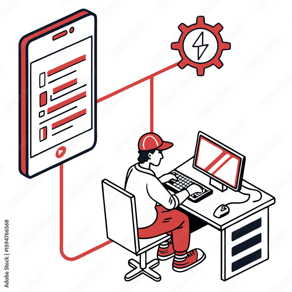 Poster technician using computer and smartphone to manage tasks