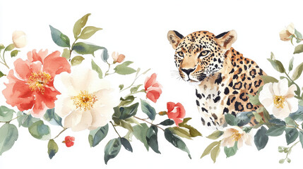 Watercolor illustration of leopard surrounded by colorful flowers, showcasing nature beauty and harmony