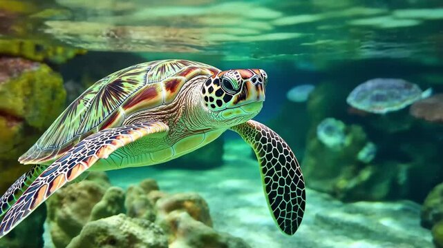 Sea turtle gracefully swimming through clear ocean waters in a vibrant underwater environment, sea turtle swimming in water