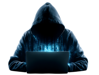 Hacker in Hoodie with Binary Code on Laptop Isolated On Transparent Background