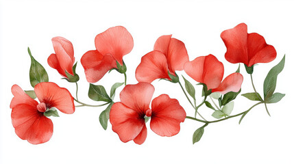 Watercolor botanical illustration of red flowers with green leaves, showcasing delicate petals and vibrant colors